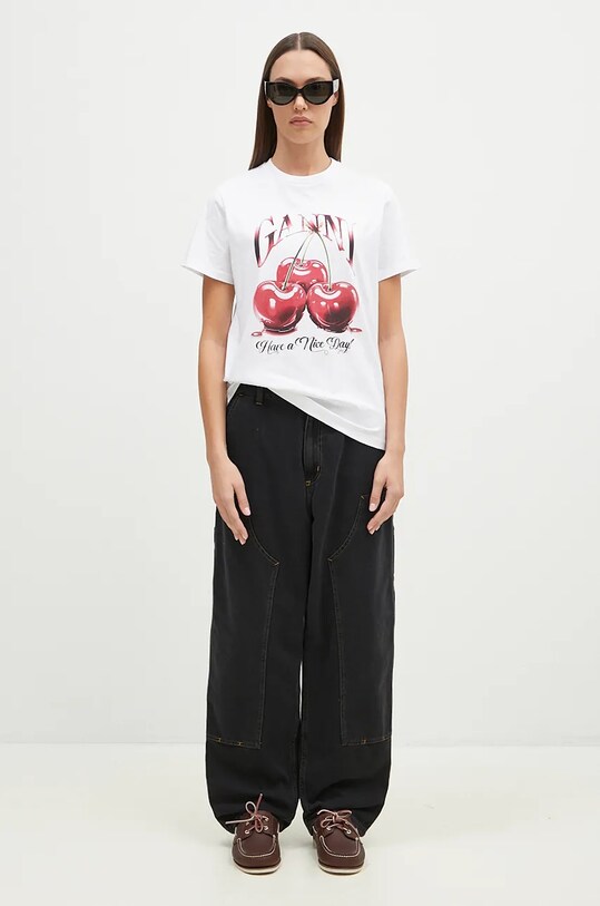 Βαμβακερό μπλουζάκι GANNI Basic Jersey Cherry T4004 λευκό