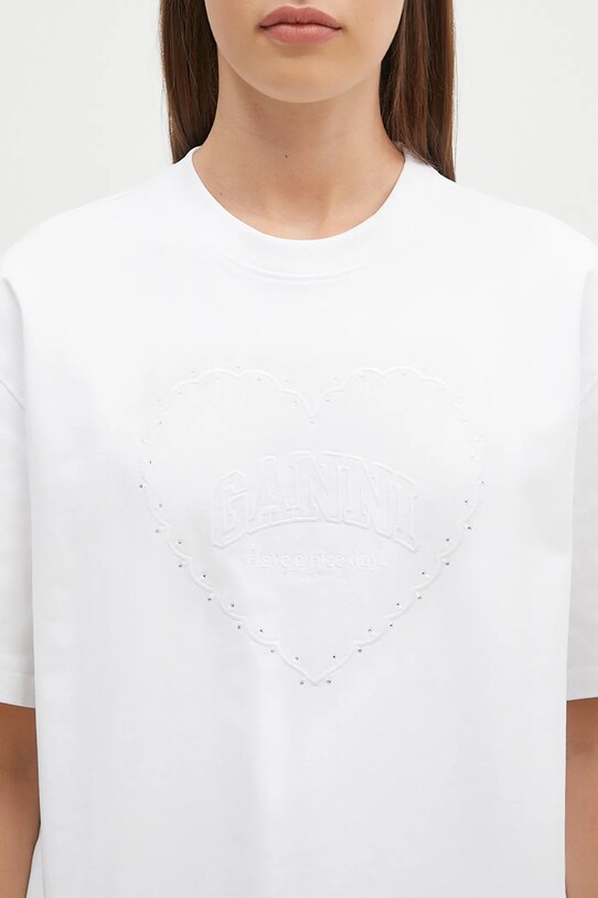 Bavlnené tričko GANNI Heavy Cotton Drop Shoulder Heart biela T4033