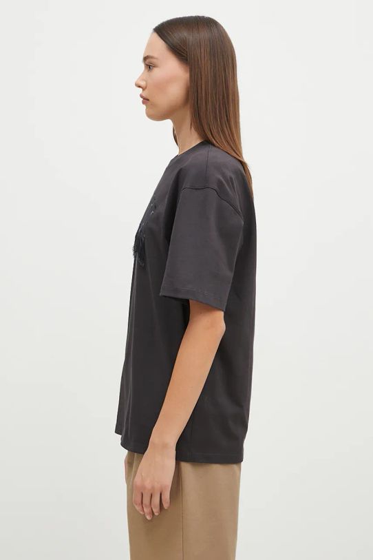 Βαμβακερό μπλουζάκι GANNI Heavy Cotton Drop Shoulder Fringe T4056 μαύρο AW24