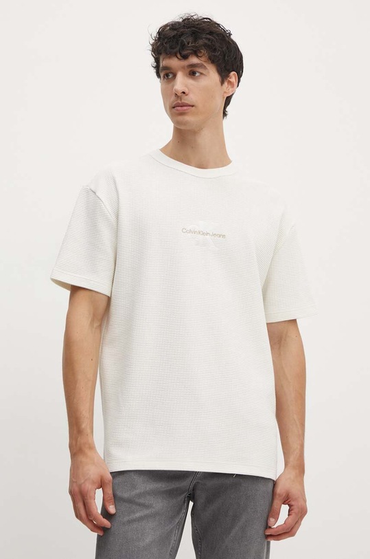 Bavlněné tričko Calvin Klein Jeans kulatý béžová J30J325645