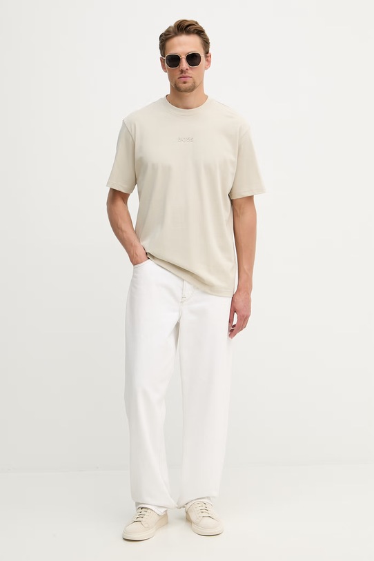 BOSS Green tričko pánské bavlněné Tee 10 50519368 béžová SS26