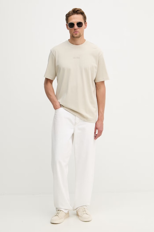 BOSS Green tričko pánské bavlněné Tee 10 50519368 béžová SS26