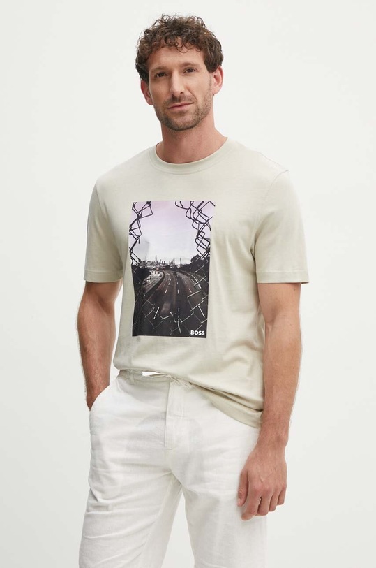 Boss Orange tricou din bumbac print bej 50522638