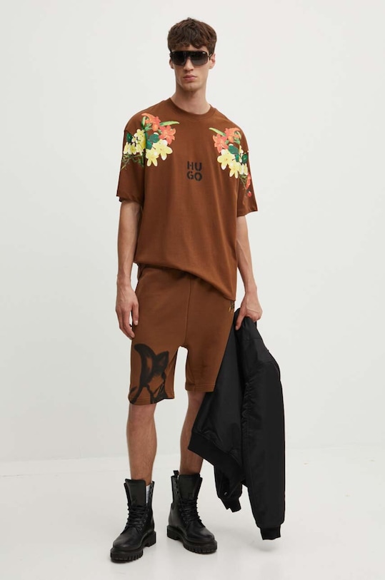 Bavlněné tričko HUGO 50517425 hnědá AW24