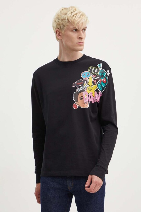 HUGO longsleeve din bumbac print negru 50517639