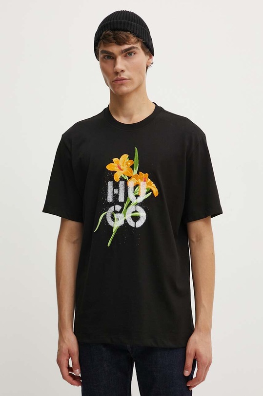 Bavlněné tričko HUGO potisk černá 50517841