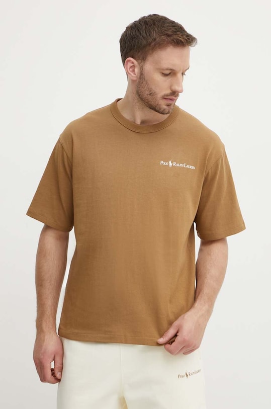 Bavlněné tričko Polo Ralph Lauren kulatý hnědá 710950133