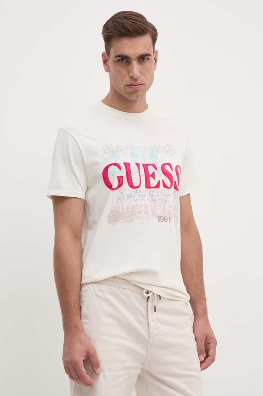 Βαμβακερό μπλουζάκι Guess στάμπα μπεζ M4YI79.K9RM1