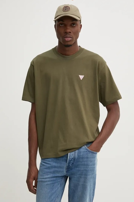 Bavlněné tričko Guess Jeans kulatý zelená M4YI46.K8FQ4