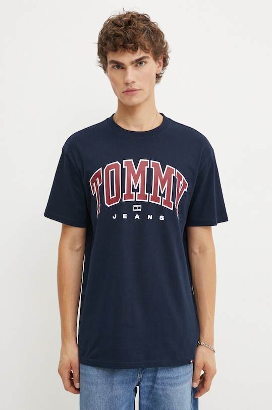 Bavlněné tričko Tommy Jeans kulatý námořnická modř DM0DM18537