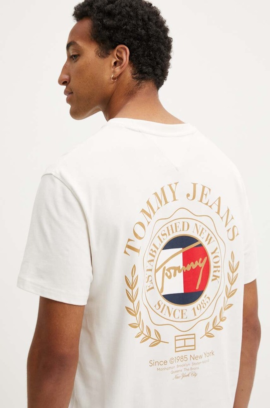 Bavlněné tričko Tommy Jeans potisk béžová DM0DM18540