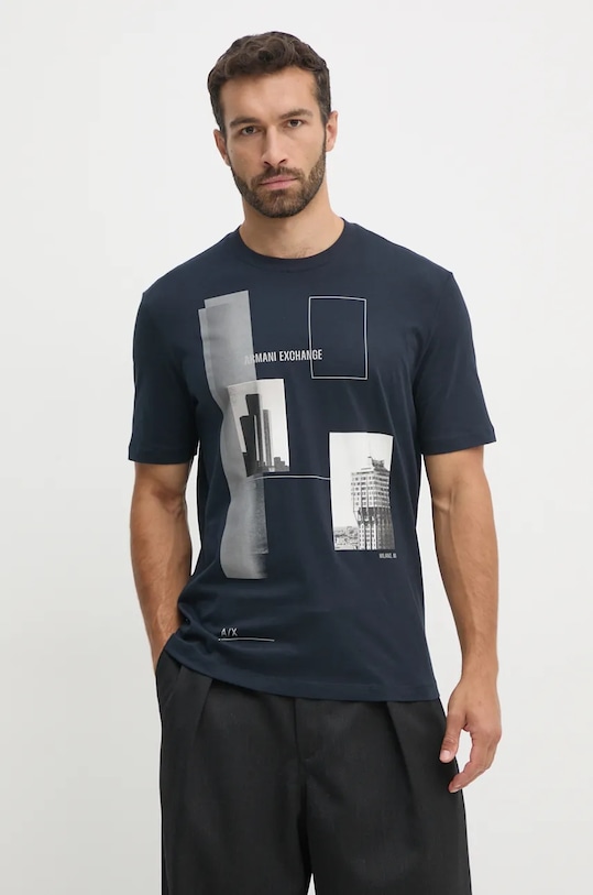 Bavlnené tričko Armani Exchange potlač tmavomodrá 6DZTHZ.ZJBYZ
