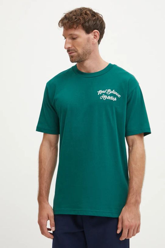 New Balance t-shirt bawełniany aplikacja zielony MT43556MHN