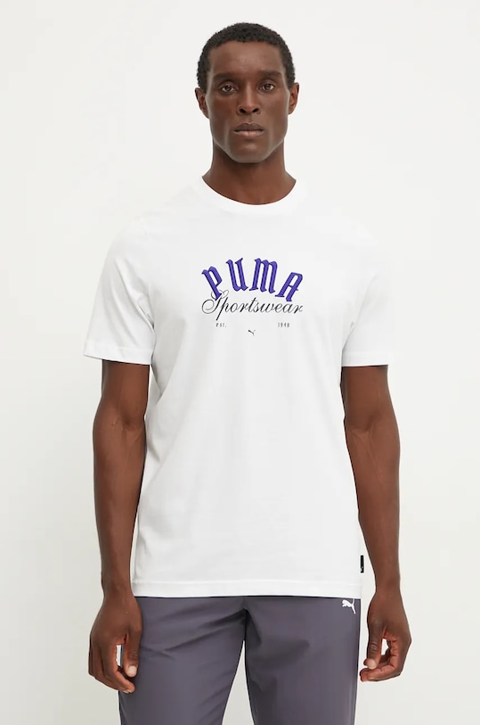 Βαμβακερό μπλουζάκι Puma στάμπα λευκό 628009
