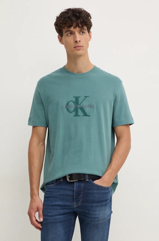 Бавовняна футболка Calvin Klein Jeans relaxed бірюзовий J30J326158