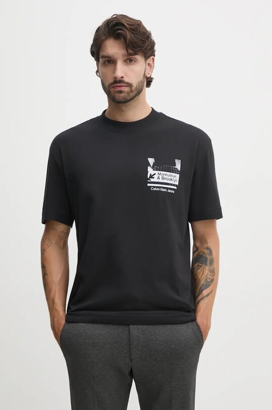 Памучна тениска Calvin Klein Jeans свободна черен J30J326864