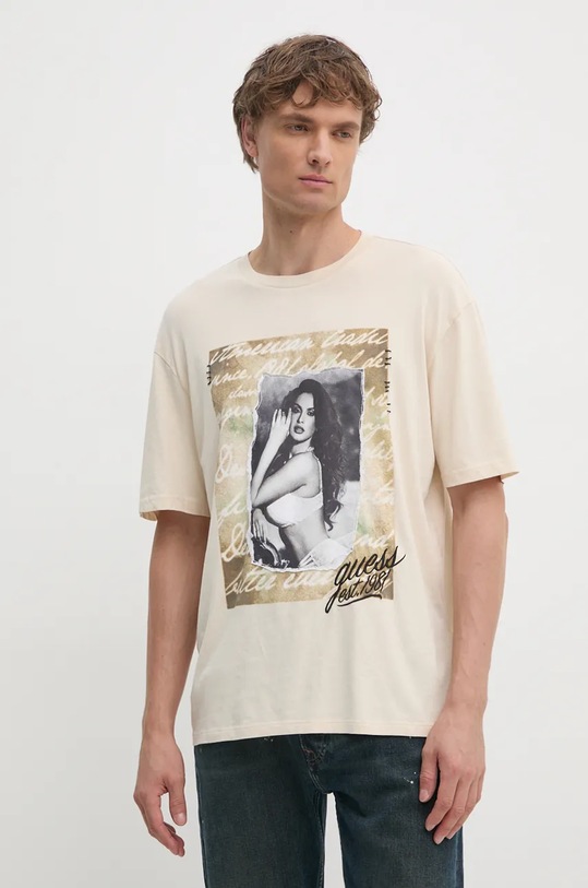 Βαμβακερό μπλουζάκι Guess βαμβάκι μπεζ M4BI21.K9RM1