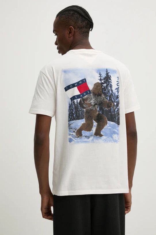 Bavlněné tričko Tommy Jeans kulatý béžová DM0DM19686