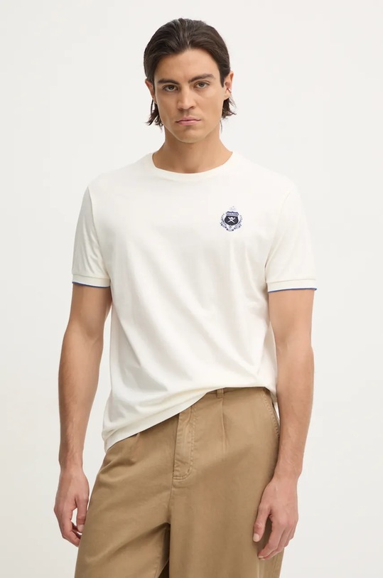 Памучна тениска Hackett London щампа бежов HM500846