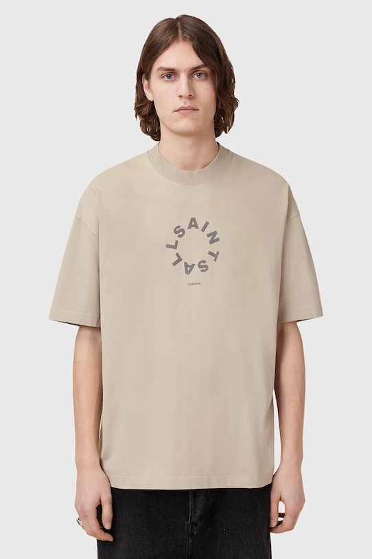 Βαμβακερό μπλουζάκι AllSaints TIERRA SS CREW στάμπα μπεζ M072PB