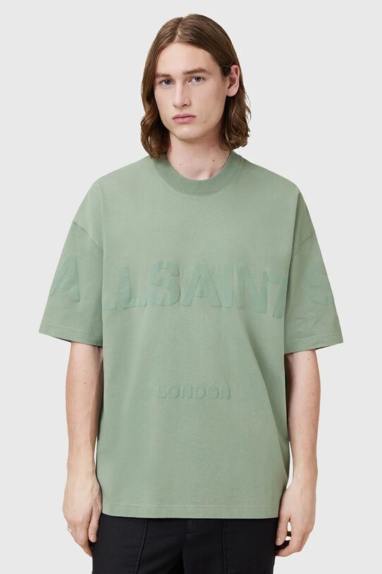 Bavlněné tričko AllSaints BIGGY kulatý zelená M088PB