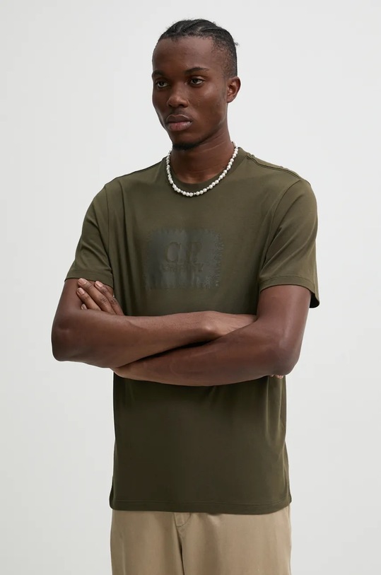 Bavlněné tričko C.P. Company potisk zelená 17CMTS029A005100W