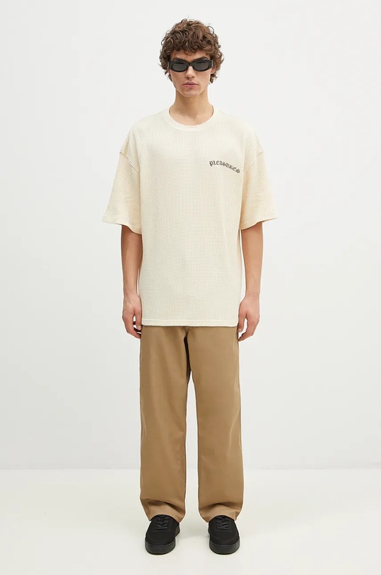 PLEASURES cotton t-shirt Neural Thermal Shirt P24F048 beige
