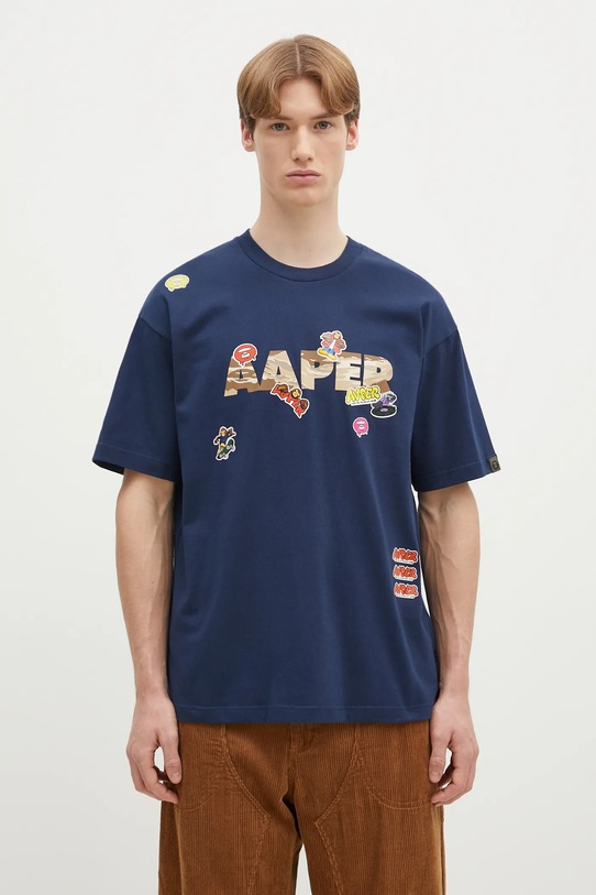 Памучна тениска AAPE Theme свободна тъмносин AAPTEM1499XXM