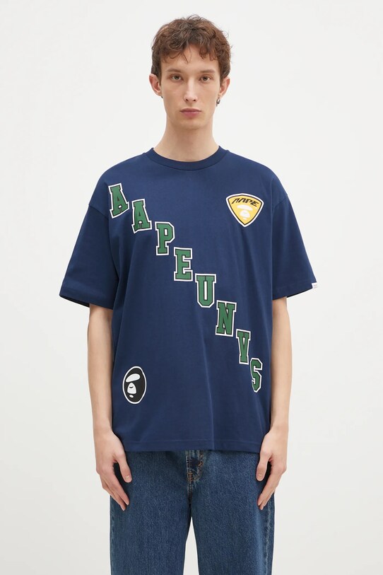 Îmbrăcăminte AAPE tricou din bumbac Moon Face Logo AAPTEM1548XXN bleumarin