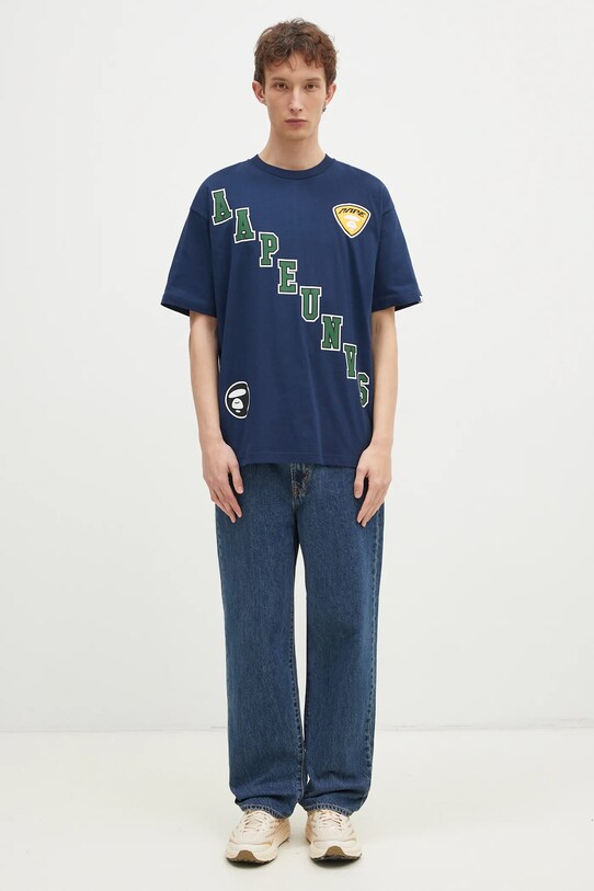 AAPE tricou din bumbac Moon Face Logo AAPTEM1548XXN bleumarin