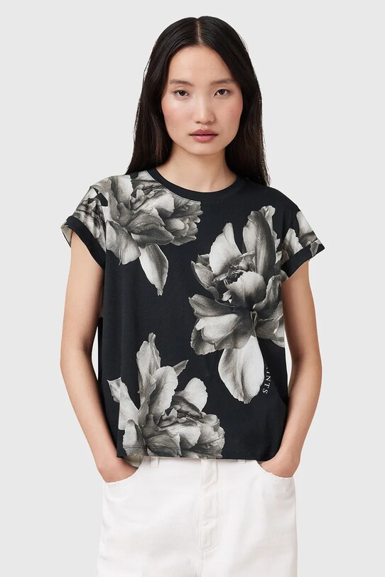 AllSaints tricou din bumbac ANNA flori negru W213JC