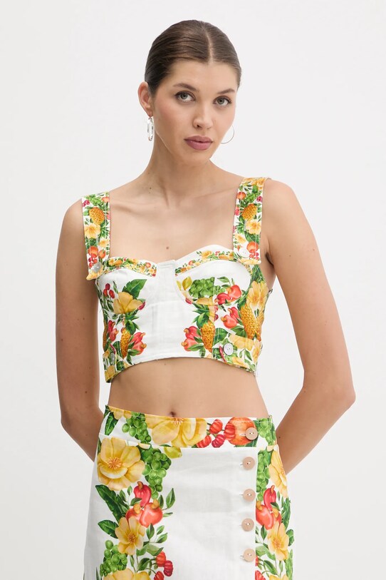 Farm Rio bluză din in cu modele alb 335881