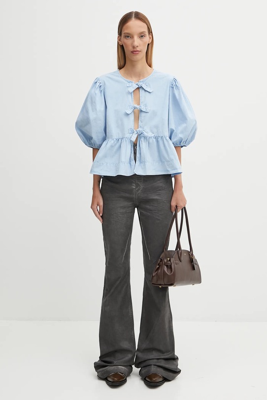 GANNI koszula Washed Stretch Cotton Peplum Blouse W0970 niebieski