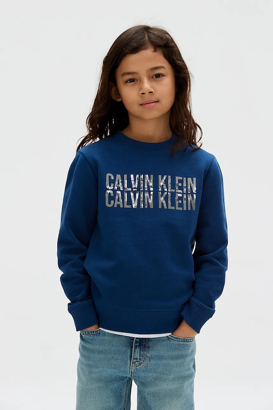 Dětská bavlněná mikina Calvin Klein Jeans bez kapuce modrá IB0IB02527.9BYA