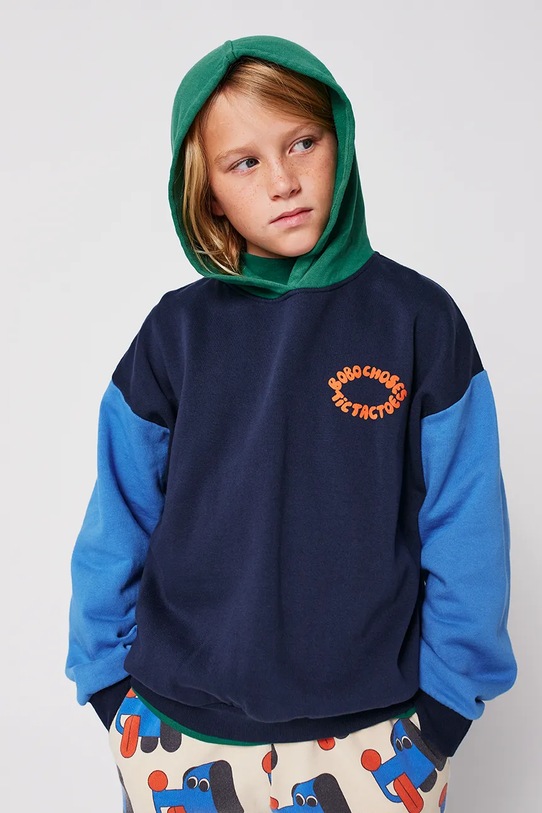 Bobo Choses bluza bawełniana dziecięca Tic Tac Toe z kapturem granatowy 225AC048