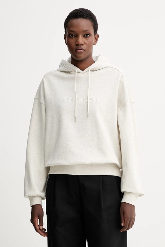 Βαμβακερή μπλούζα Calvin Klein με κουκούλα μπεζ LV044C210G
