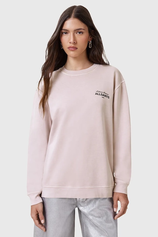 Bavlněná mikina AllSaints SOLEIL bez kapuce růžová W222JC