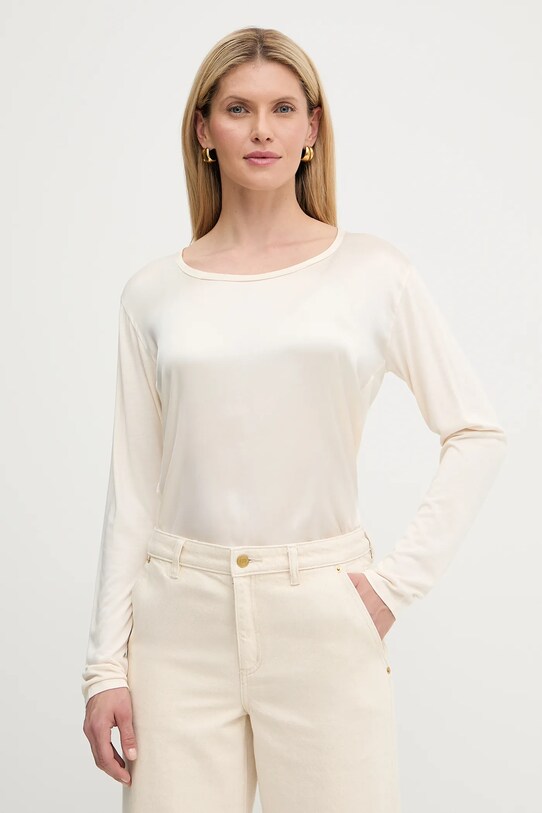 BOSS Green bluzka z domieszką jedwabiu regular beżowy 50541888