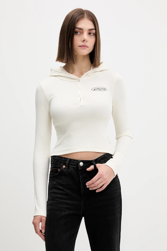 Tričko s dlhým rukávom Guess Jeans slim krémová W5YP39.KA0H1