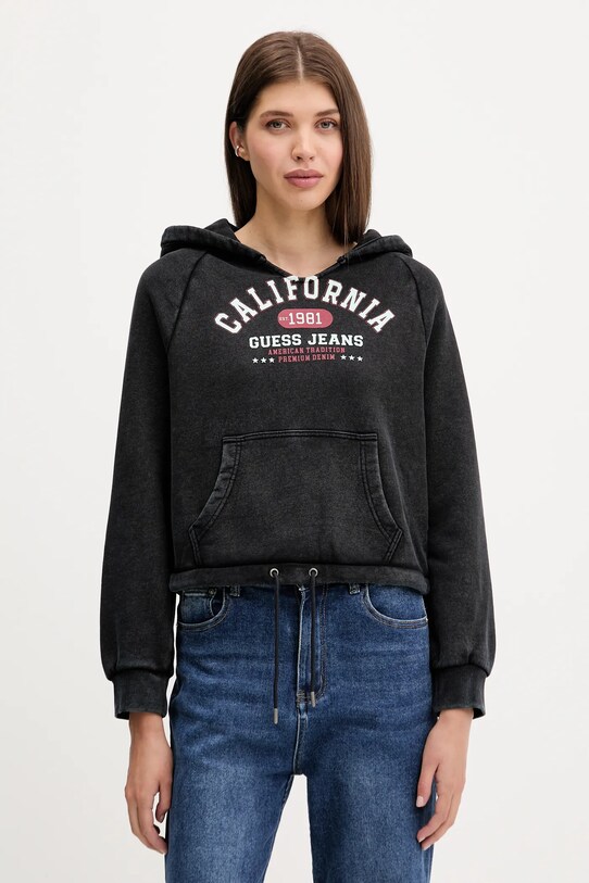 Бавовняна кофта Guess Jeans з капюшоном чорний W5YQ14.KCPR1