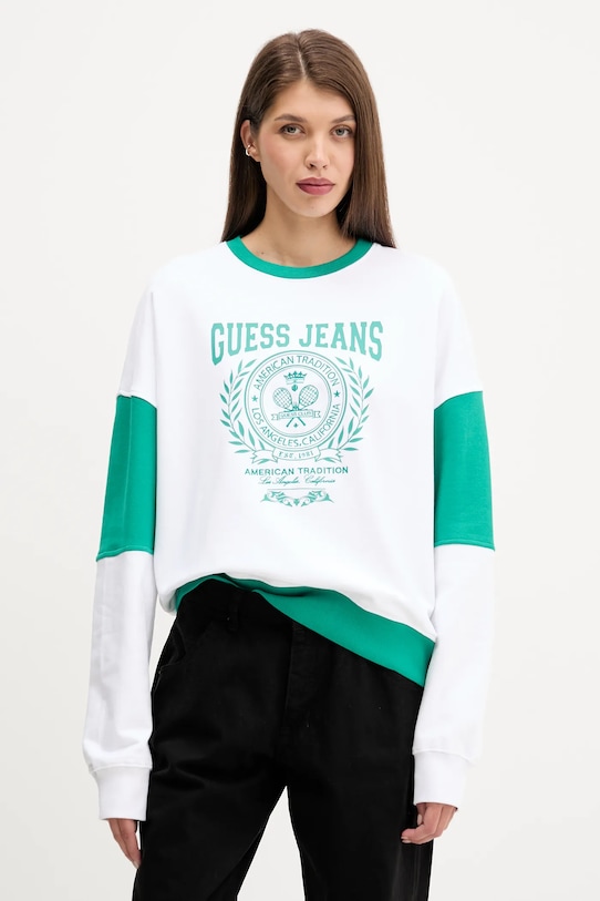 Bavlněná mikina Guess Jeans bez kapuce bílá W5YQ20.K68I4