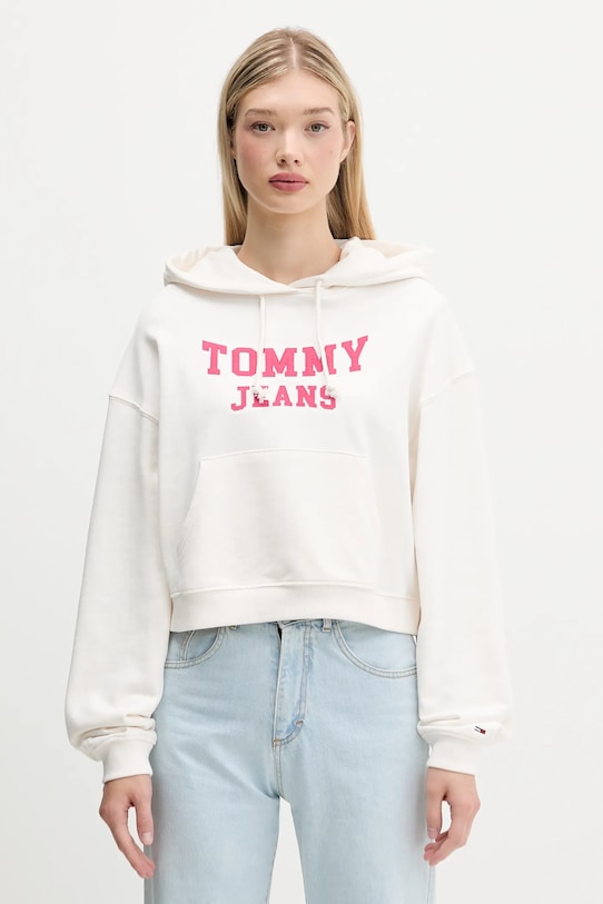 Bavlněná mikina Tommy Jeans s kapucí béžová DW0DW21598