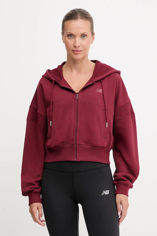 Bavlněná mikina New Balance s kapucí burgundské WJ51506MHB