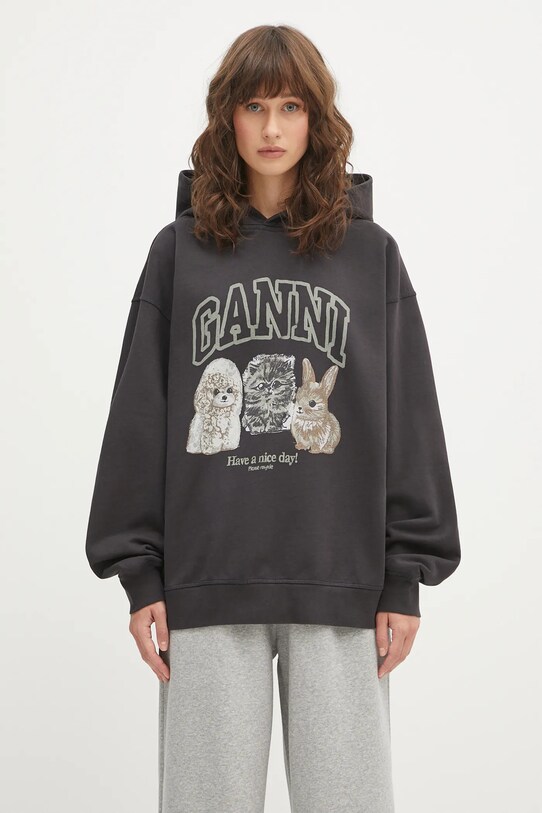 GANNI bluza bawełniana Isoli Oversize Animals nadruk szary T4270