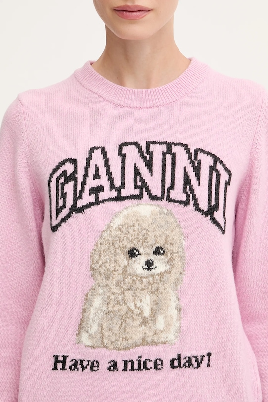 GANNI sweter wełniany Graphic Wool Mix Poodle różowy K2499