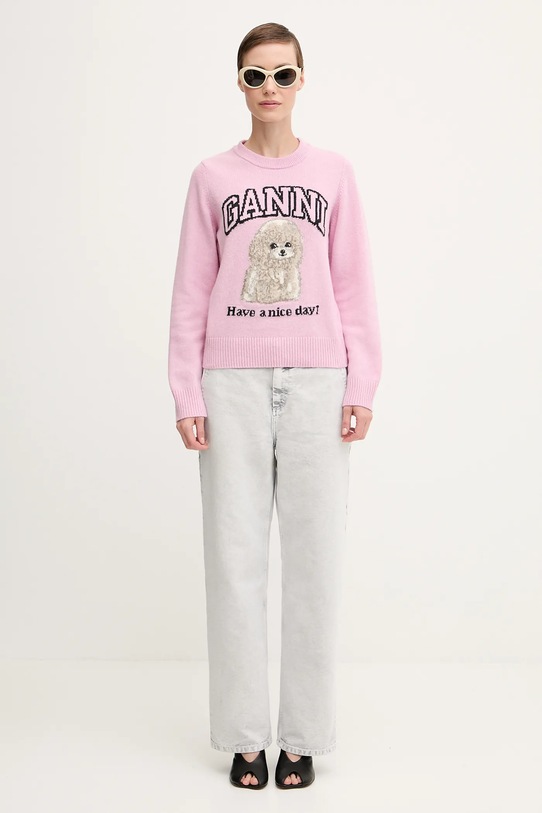 GANNI sweter wełniany Graphic Wool Mix Poodle K2499 różowy