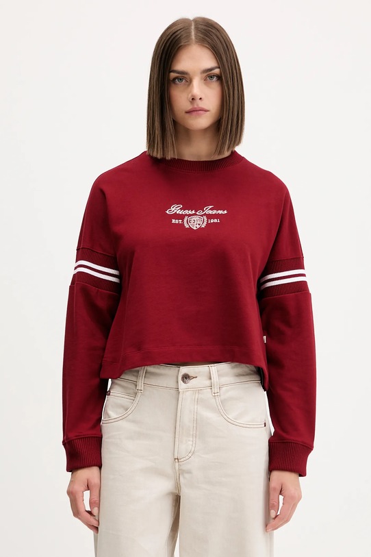 Βαμβακερή μπλούζα Guess Jeans χωρίς κουκούλα μπορντό W5BQ25.KCYM1