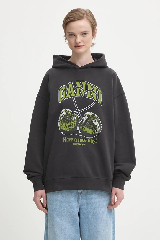 Хлопковая кофта GANNI Isoli Cherries Oversized печать серый T4285