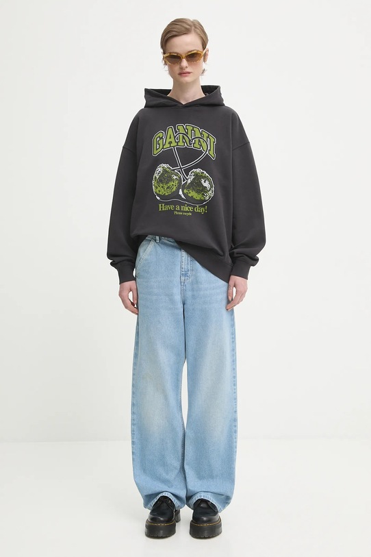 Хлопковая кофта GANNI Isoli Cherries Oversized T4285 серый