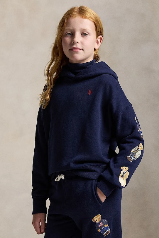 Dětská mikina s příměsí bavlny Polo Ralph Lauren s kapucí námořnická modř 313979043001